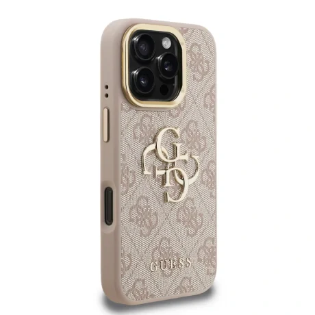 Husă spate Guess PU 4G cu logo metalic și cadru pentru cameră, roz, pentru iPhone 16 Pro