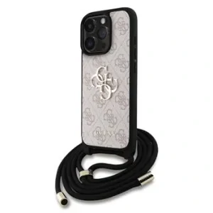 Husă spate Guess PU 4G cu logo metalic și curea crossbody pentru iPhone 15 Pro Max, roz