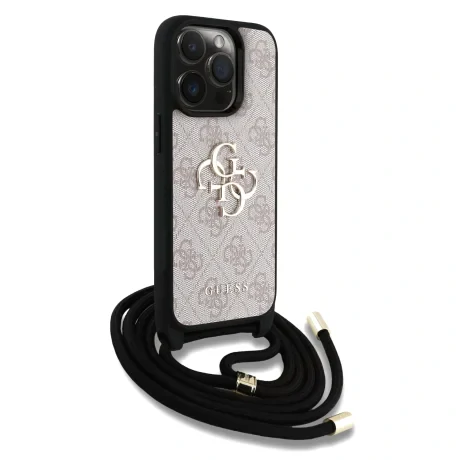 Husă spate Guess PU 4G cu logo metalic și curea crossbody pentru iPhone 15 Pro Max, roz