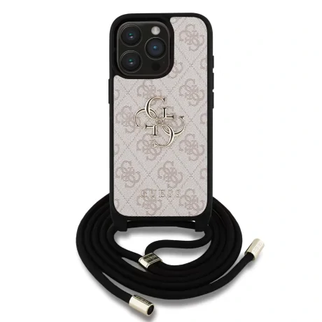 Husă spate Guess PU 4G cu logo metalic și curea crossbody pentru iPhone 15 Pro Max, roz
