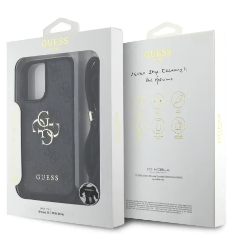 Husă spate Guess PU 4G cu logo metalic și curea crossbody pentru iPhone 16, neagră