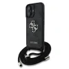 Husă spate Guess PU 4G cu logo metalic și curea crossbody pentru iPhone 16, neagră