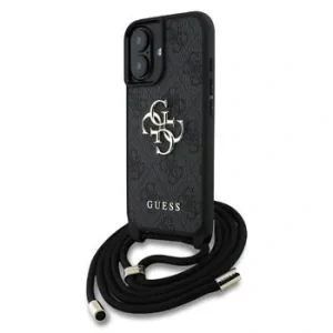 Husă spate Guess PU 4G cu logo metalic și curea crossbody pentru iPhone 16, neagră