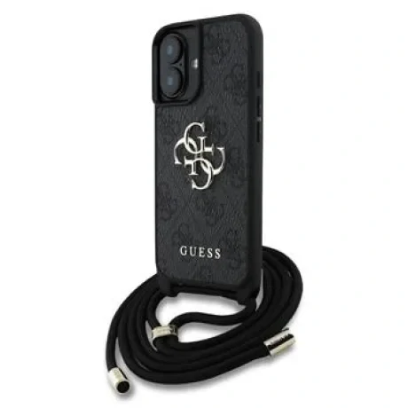 Husă spate Guess PU 4G cu logo metalic și curea crossbody pentru iPhone 16, neagră