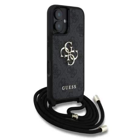 Husă spate Guess PU 4G cu logo metalic și curea crossbody pentru iPhone 16, neagră