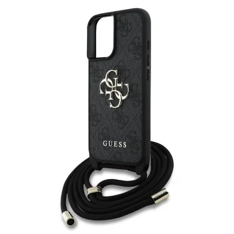 Husă spate Guess PU 4G cu logo metalic și curea crossbody pentru iPhone 16, neagră