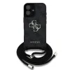 Husă spate Guess PU 4G cu logo metalic și curea crossbody pentru iPhone 16, neagră
