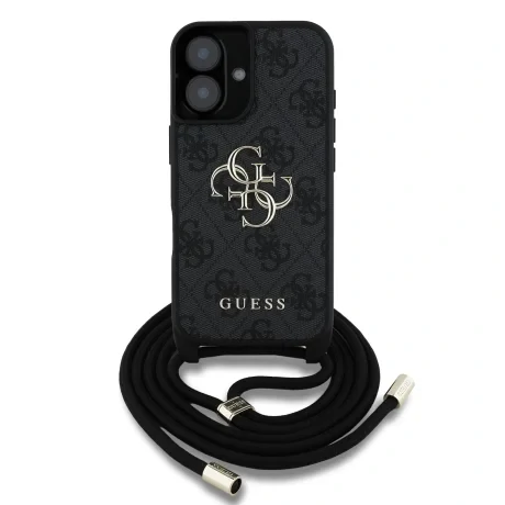 Husă spate Guess PU 4G cu logo metalic și curea crossbody pentru iPhone 16, neagră
