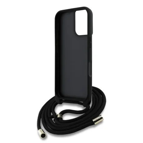 Husă spate Guess PU 4G cu logo metalic și curea crossbody pentru iPhone 16, neagră