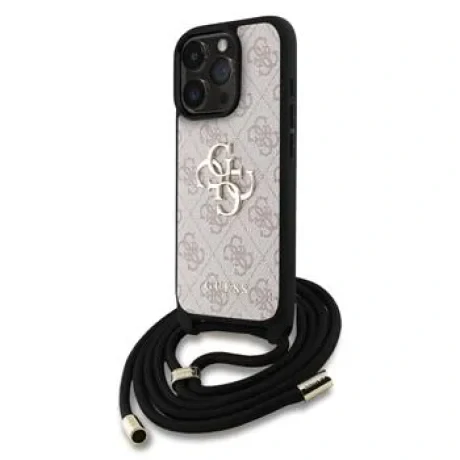 Husă spate Guess PU 4G cu logo metalic și curea crossbody pentru iPhone 16 Pro Max, roz