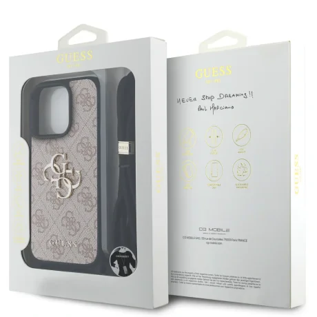 Husă spate Guess PU 4G cu logo metalic și curea crossbody pentru iPhone 16 Pro Max, roz