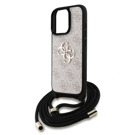 Husă spate Guess PU 4G cu logo metalic și curea crossbody pentru iPhone 16 Pro Max, roz