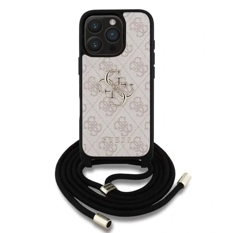 Husă spate Guess PU 4G cu logo metalic și curea crossbody pentru iPhone 16 Pro Max, roz