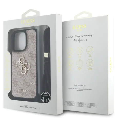 Husă spate Guess PU 4G cu logo metalic și curea crossbody pentru iPhone 16 Pro, roz