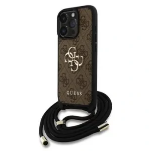 Husă spate Guess PU 4G cu logo metalic, tip crossbody, maro, pentru iPhone 15 Pro Max