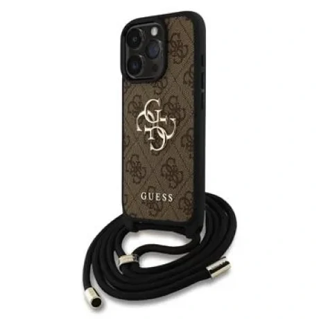 Husă spate Guess PU 4G cu logo metalic, tip crossbody, maro, pentru iPhone 15 Pro Max