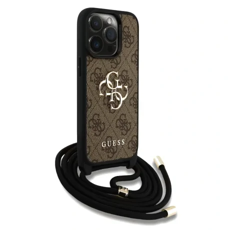 Husă spate Guess PU 4G cu logo metalic, tip crossbody, maro, pentru iPhone 15 Pro Max