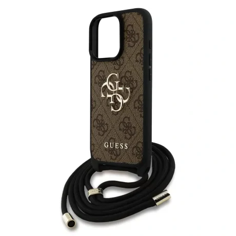 Husă spate Guess PU 4G cu logo metalic, tip crossbody, maro, pentru iPhone 15 Pro Max
