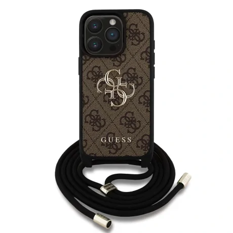 Husă spate Guess PU 4G cu logo metalic, tip crossbody, maro, pentru iPhone 15 Pro Max