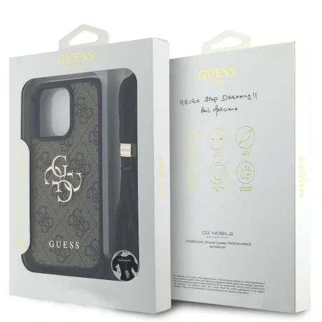 Husă spate Guess PU 4G cu logo metalic, tip crossbody, maro, pentru iPhone 15 Pro Max