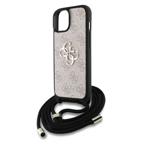 Husă spate Guess PU 4G cu logo metalic, tip crossbody, pentru iPhone 15, roz