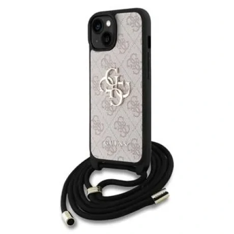 Husă spate Guess PU 4G cu logo metalic, tip crossbody, pentru iPhone 15, roz