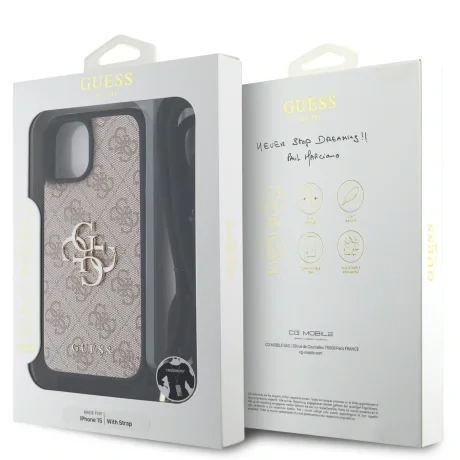 Husă spate Guess PU 4G cu logo metalic, tip crossbody, pentru iPhone 15, roz