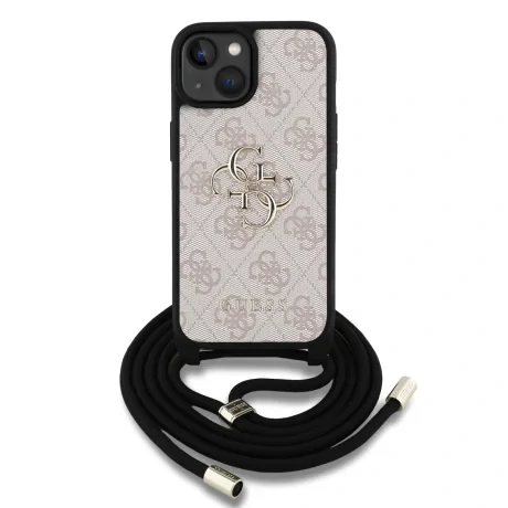 Husă spate Guess PU 4G cu logo metalic, tip crossbody, pentru iPhone 15, roz