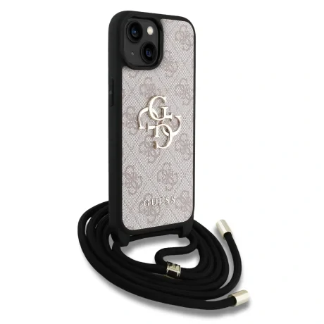 Husă spate Guess PU 4G cu logo metalic, tip crossbody, pentru iPhone 15, roz
