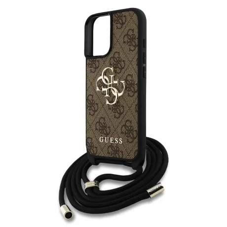 Husă spate Guess PU 4G cu logo metalic, tip crossbody, pentru iPhone 16, maro