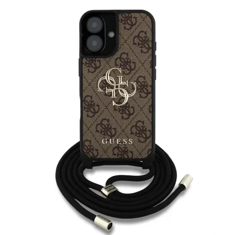 Husă spate Guess PU 4G cu logo metalic, tip crossbody, pentru iPhone 16, maro
