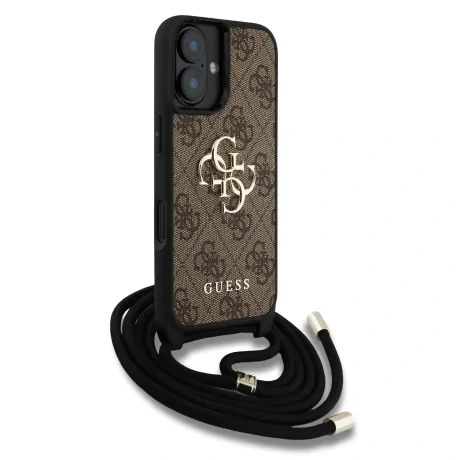 Husă spate Guess PU 4G cu logo metalic, tip crossbody, pentru iPhone 16, maro