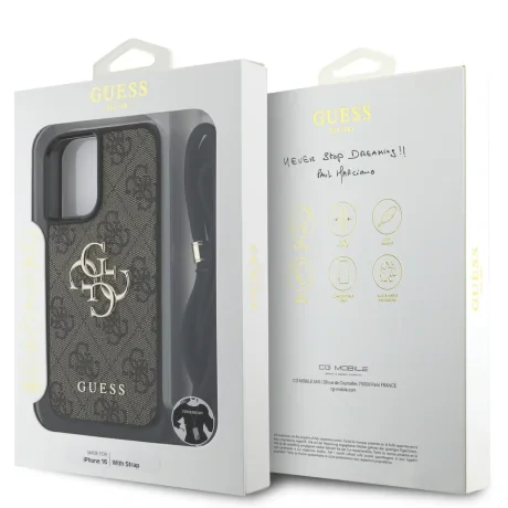 Husă spate Guess PU 4G cu logo metalic, tip crossbody, pentru iPhone 16, maro