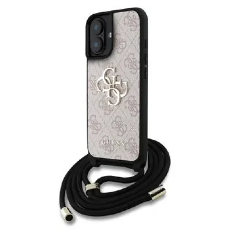 Husă spate Guess PU 4G cu logo metalic, tip crossbody, pentru iPhone 16, roz