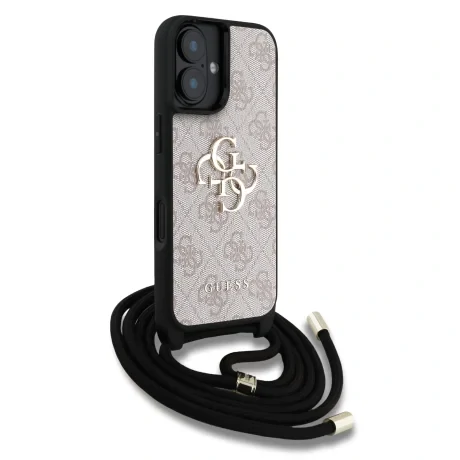 Husă spate Guess PU 4G cu logo metalic, tip crossbody, pentru iPhone 16, roz