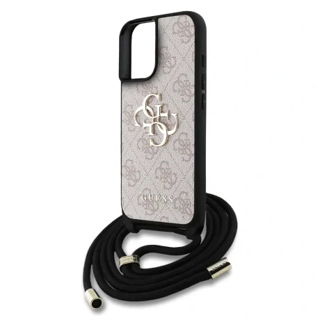 Husă spate Guess PU 4G cu logo metalic, tip crossbody, pentru iPhone 16, roz