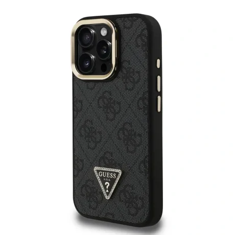 Husă spate Guess PU 4G Strass Triangle Logo Stand Camera Frame MagSafe pentru iPhone 15 Pro Max Negru