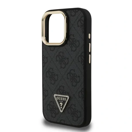 Husă spate Guess PU 4G Strass Triangle Logo Stand Camera Frame MagSafe pentru iPhone 15 Pro Max Negru