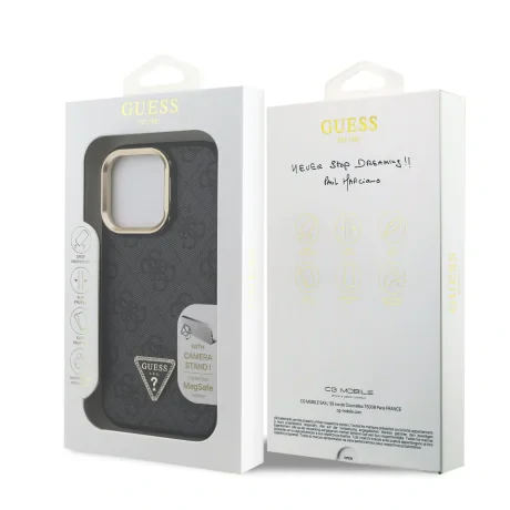 Husă spate Guess PU 4G Strass Triangle Logo Stand Camera Frame MagSafe pentru iPhone 15 Pro Max Negru