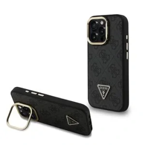 Husă spate Guess PU 4G Strass Triangle Logo Stand Camera Frame MagSafe pentru iPhone 15 Pro Max Negru