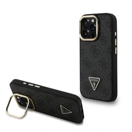 Husă spate Guess PU 4G Strass Triangle Logo Stand Camera Frame MagSafe pentru iPhone 15 Pro Max Negru