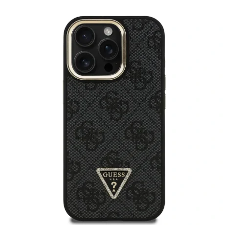 Husă spate Guess PU 4G Strass Triangle Logo Stand Camera Frame MagSafe pentru iPhone 15 Pro Max Negru