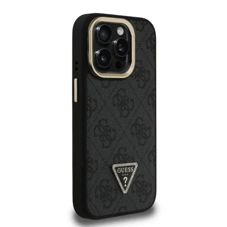 Husă spate Guess PU 4G Strass Triangle Logo Stand Camera Frame MagSafe pentru iPhone 15 Pro Max Negru