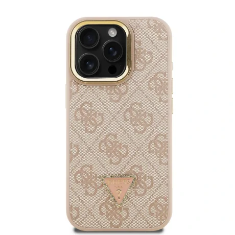 Husă spate Guess PU 4G Strass Triangle Logo Stand Camera Frame MagSafe pentru iPhone 15 Pro Max, roz