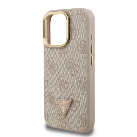 Husă spate Guess PU 4G Strass Triangle Logo Stand Camera Frame MagSafe pentru iPhone 15 Pro Max, roz