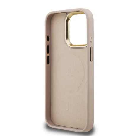 Husă spate Guess PU 4G Strass Triangle Logo Stand Camera Frame MagSafe pentru iPhone 15 Pro Max, roz