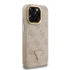 Husă spate Guess PU 4G Strass Triangle Logo Stand Camera Frame MagSafe pentru iPhone 15 Pro Max, roz