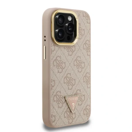 Husă spate Guess PU 4G Strass Triangle Logo Stand Camera Frame MagSafe pentru iPhone 15 Pro Max, roz