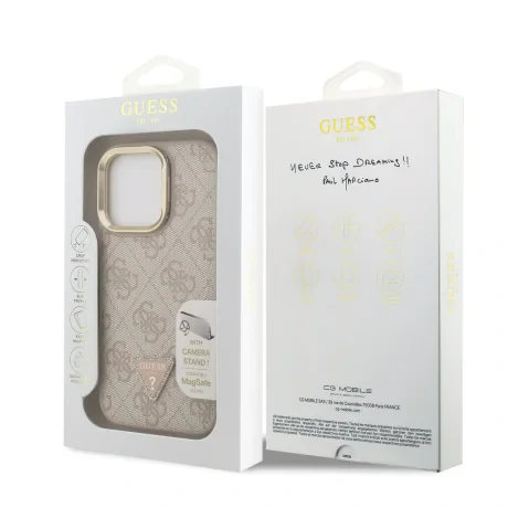 Husă spate Guess PU 4G Strass Triangle Logo Stand Camera Frame MagSafe pentru iPhone 15 Pro Max, roz
