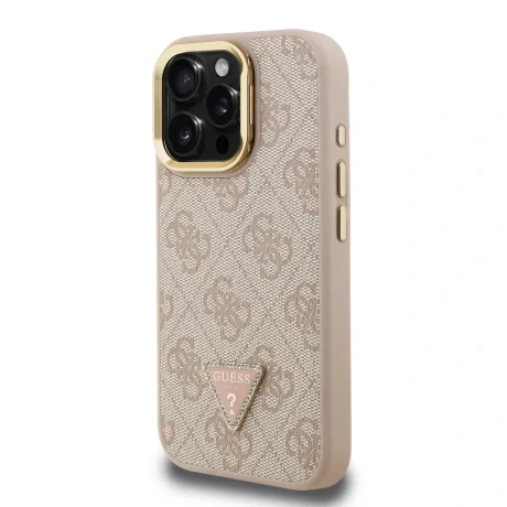Husă spate Guess PU 4G Strass Triangle Logo Stand Camera Frame MagSafe pentru iPhone 15 Pro Max, roz